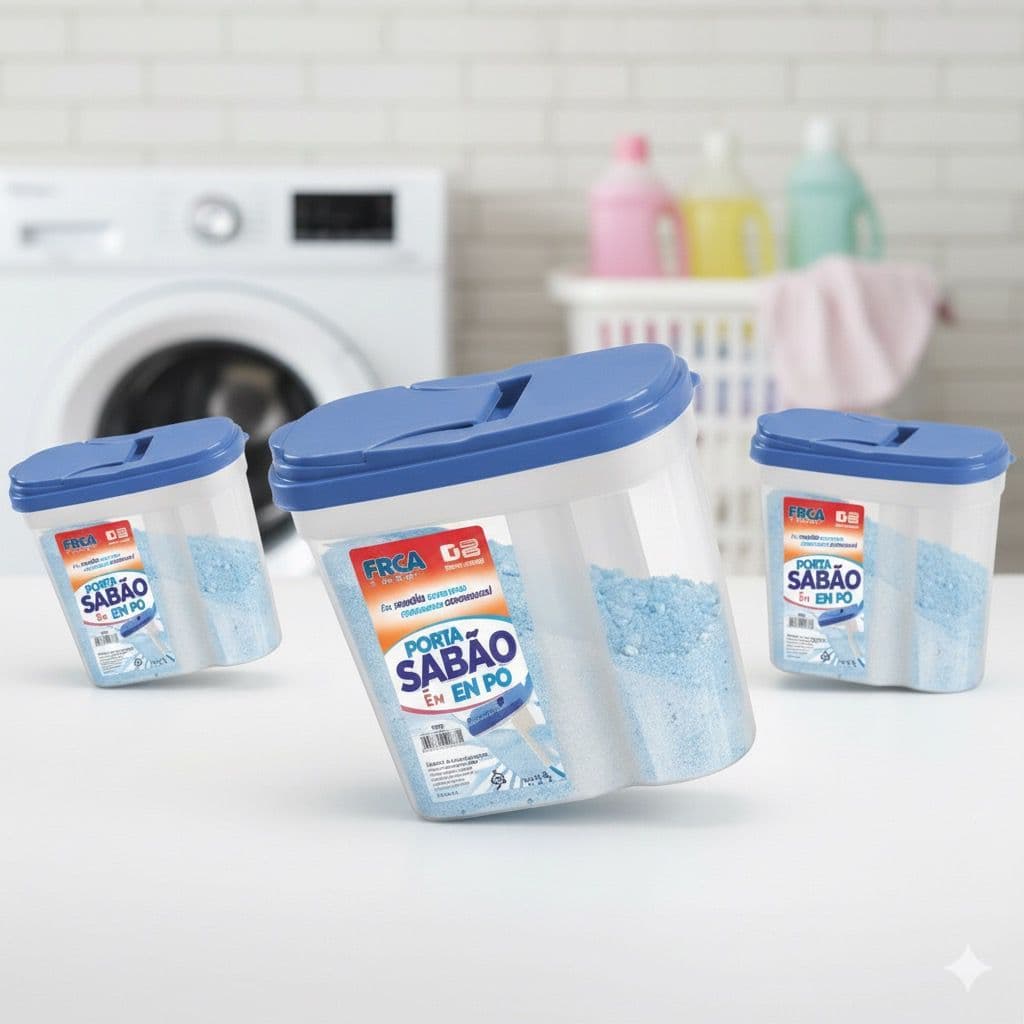 Kit 3 Porta Sabão Com Tampa Dosadora Plástico Resistente Organização Lavanderia Cores Sortidas 2763