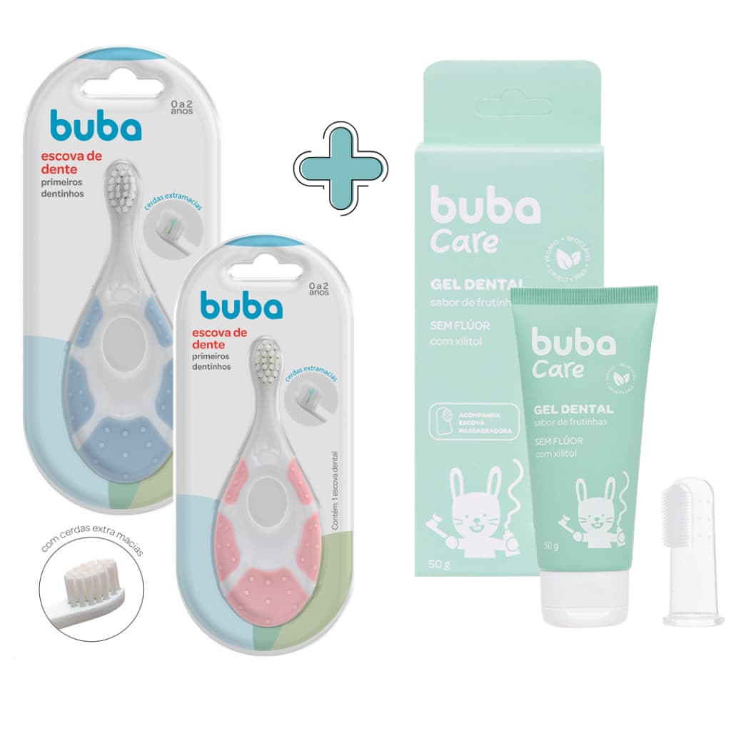 KIT ESCOVA DE DENTE PRIMEIROS DENTINHOS BUBA E GEL DENTAL SEM FLUOR BUBA CARE ESCOVA MASSAGEADORA