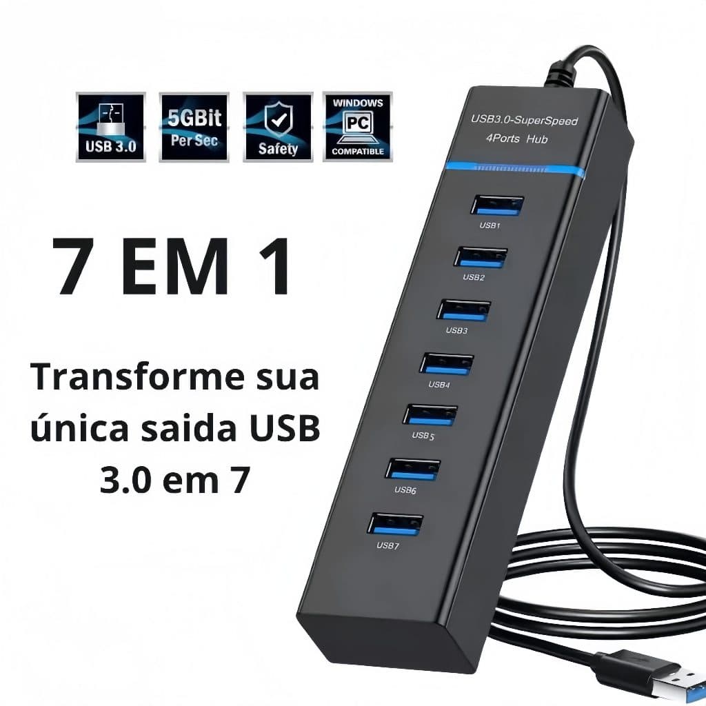 Hub USB 3.0 Múltiplas Portas - 4/7 Portas – Adaptador para Notebook e PC