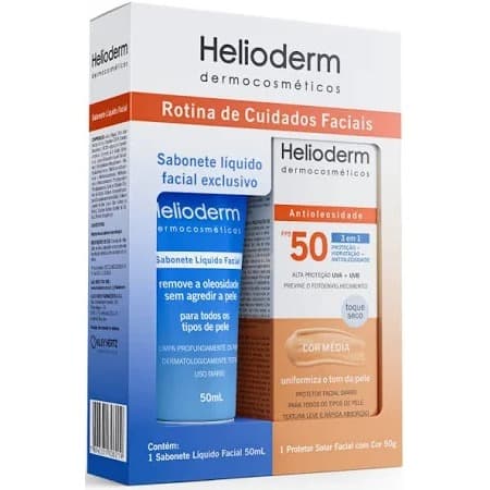 Kit Helioderm Protetor Solar Facial FPS 50 Cor Média + Sabonete Facial – Toque Seco, Alta Proteção