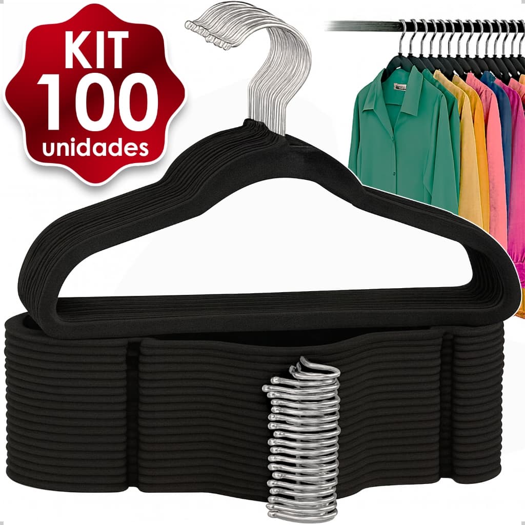 KIT Cabide Veludo 100 Unidades Adulto Antiderrapante Slim Ultra fino Resistente