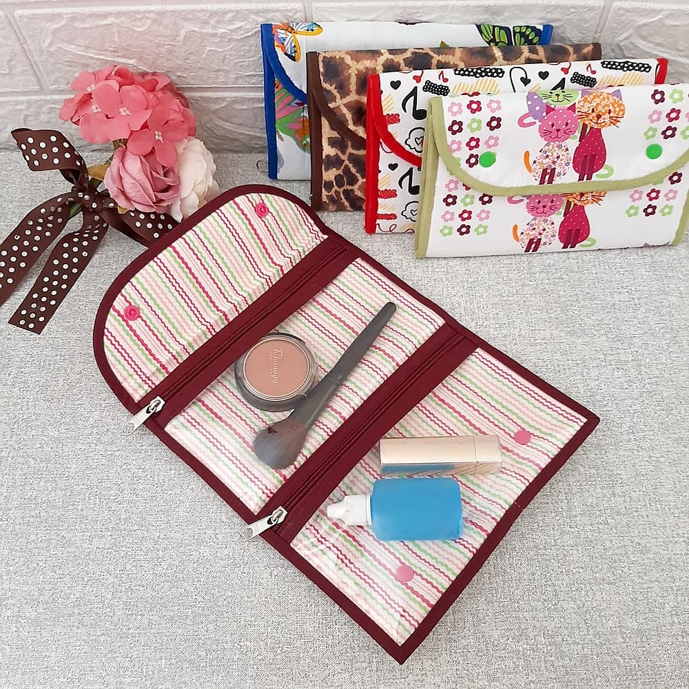 Necesser organizadora em tecido com 2 bolsos transparentes| Porta maquiagem farmacinha absorvente  | Necessaire multiuso