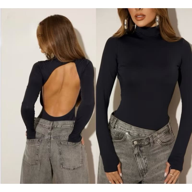 Body Feminino Dedeira Modelador Collant Segunda Pele Manga Longa Costas Nua Costas Aberta Gola Alta Gringa Vesátil Suple