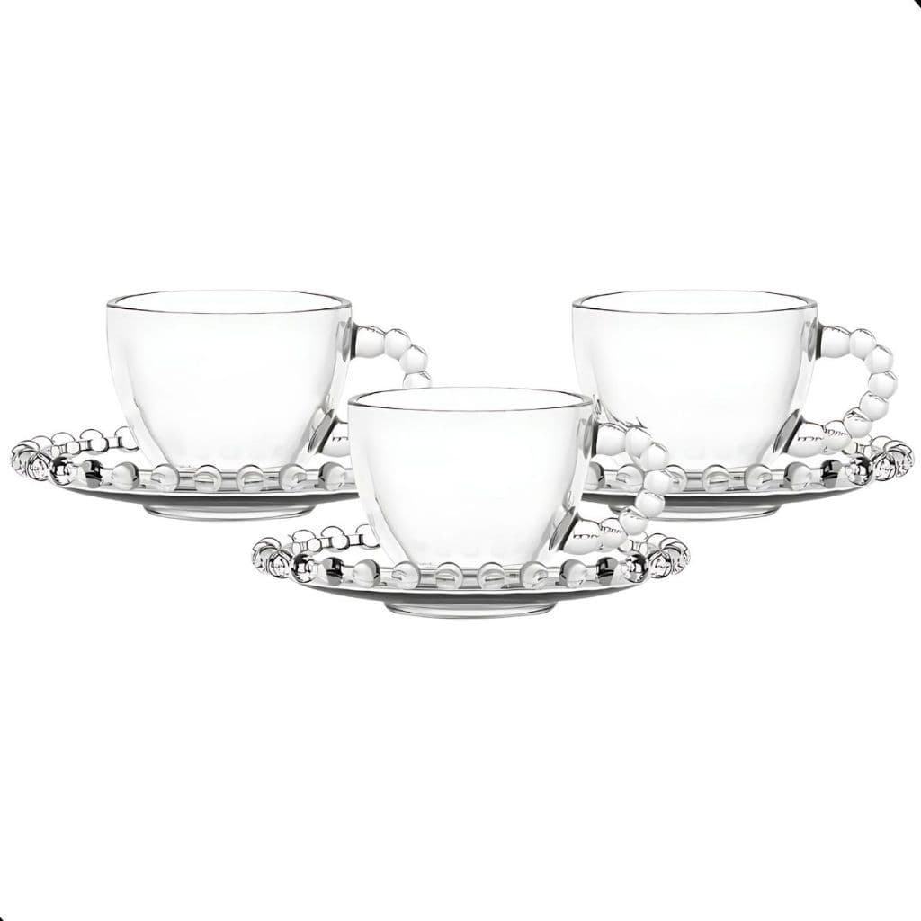 Jogo De Xícaras E Pires Em Vidro Transparente 12 Peças Para Chá Café 220ml Pearl Pérola Bolinha