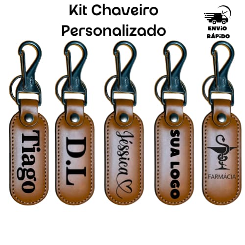 Kit Chaveiro de Couro Personalizado a Laser com Argola e Mosquetão Slim