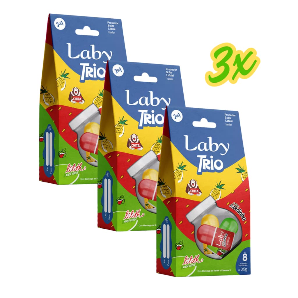 Protetor Solar Labial Laby Trio FPS 8 Chita Lilith e Azedinha Incolor 3 Unidades - ENVIO RÁPIDO 24H