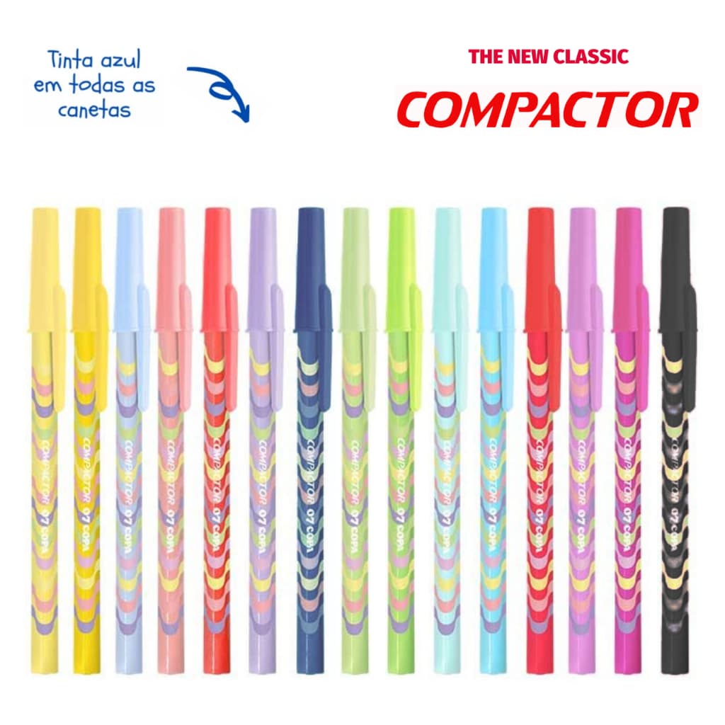 Kit Caneta Compactor Copa Ponta Fina 0.7mm Escrita Azul - Tons Pastel Neon - Corpo Decorado Fofa