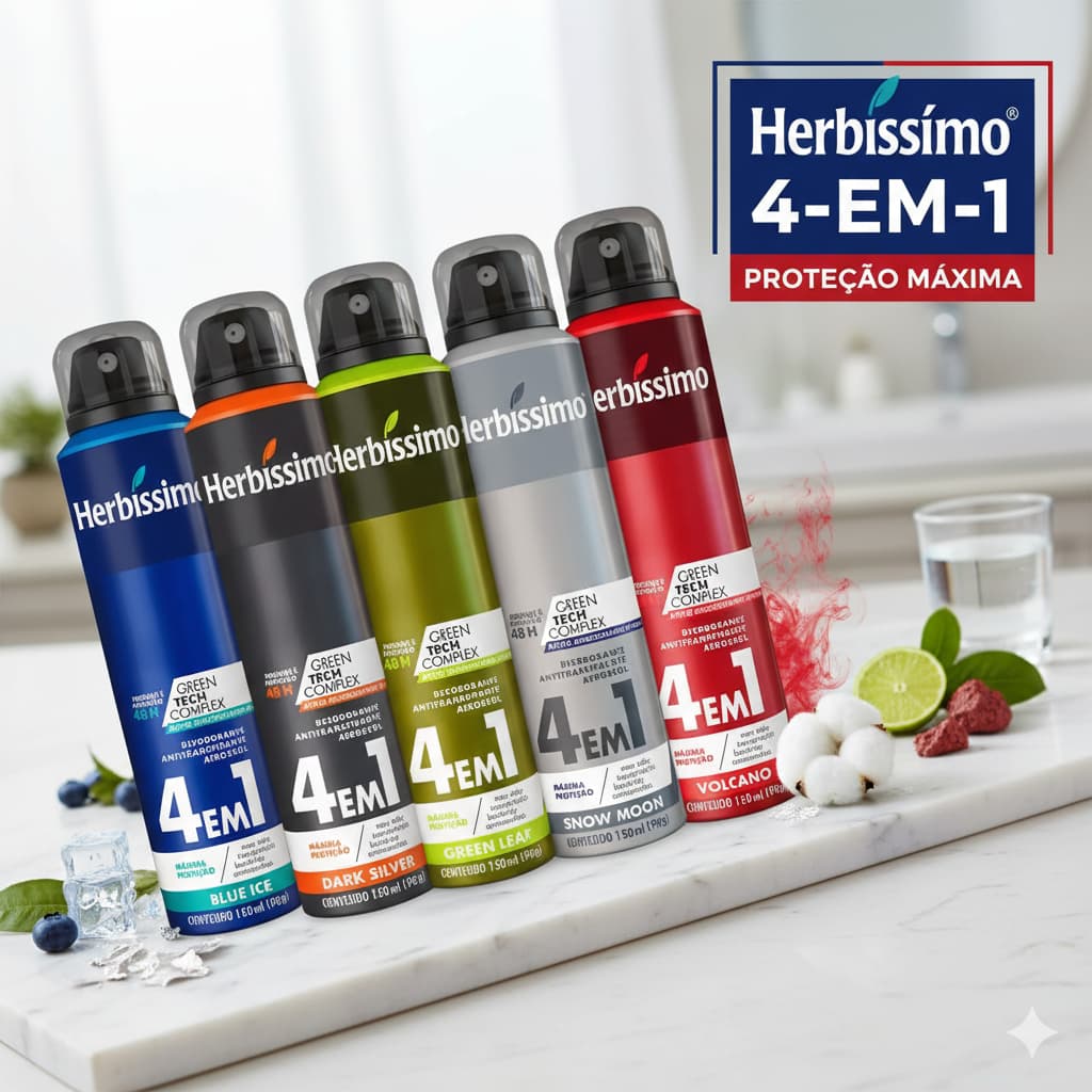 Kit 5 Desodorantes Aerosol Herbíssimo Green Snow Volcano Blue Dark Silver 150Ml Proteção Máxima