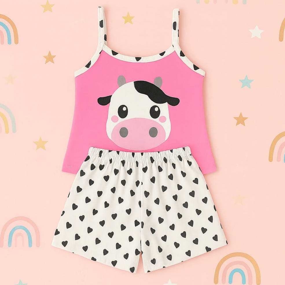 Baby Doll Infantil Malha Confort Vaquinha Fofa Pijama de Verao Roupa De Dormir Short Doll Menina