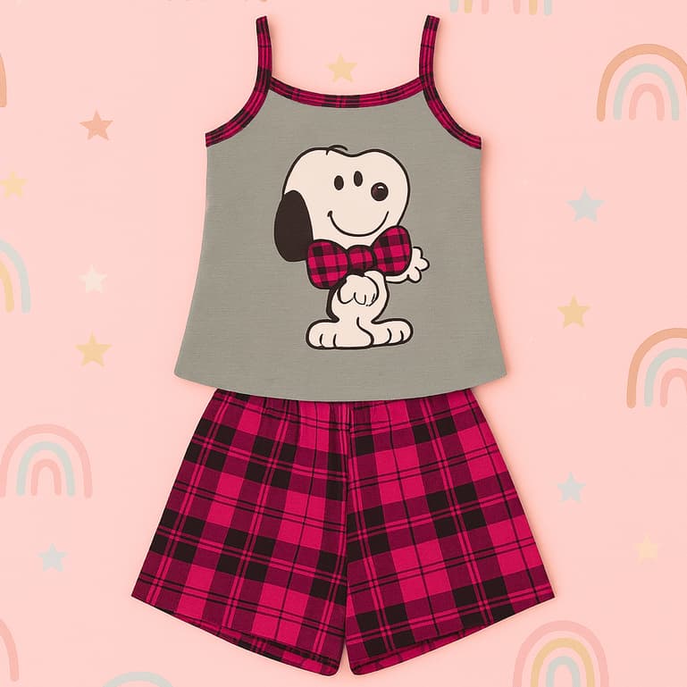 Baby Doll Infantil Malha Confort Snoopy Fofo Pijama de Verao Roupa De Dormir Short Doll Menina