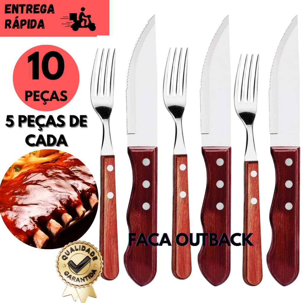Kits 4/8 ou 10 Pçs Faca Jumbo 5"Outback +Garfo Churrasco Cabo de Madeira Inox Afiada Kit Churrasco