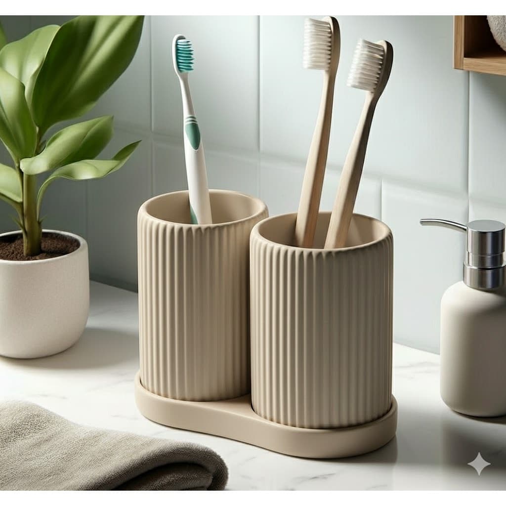 Porta Escovas de Dente Duplo Canelado com Base