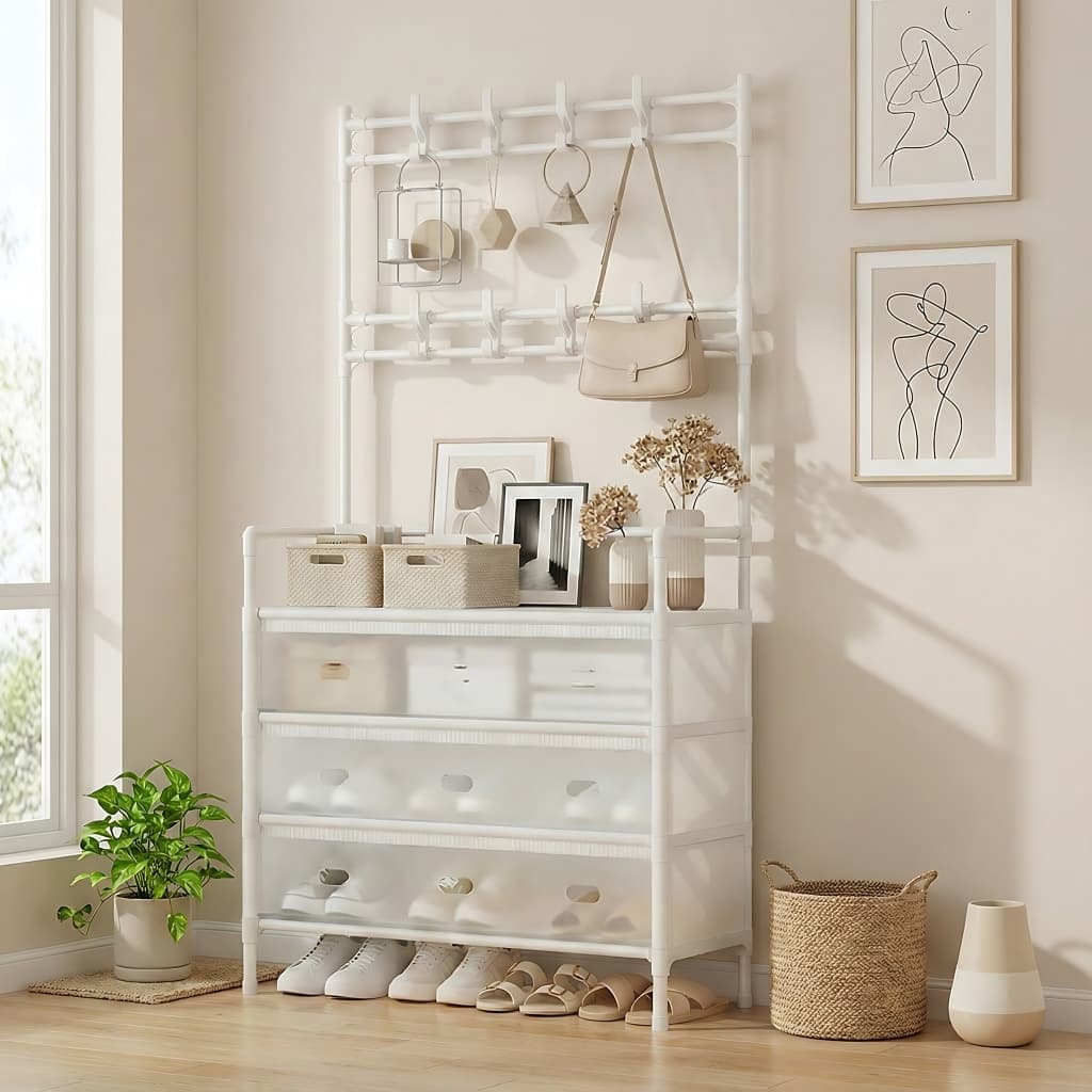 Shoe Rack Modular com Ganchos - Rack Anti-Poeira Compacto para Entrada ou Quarto