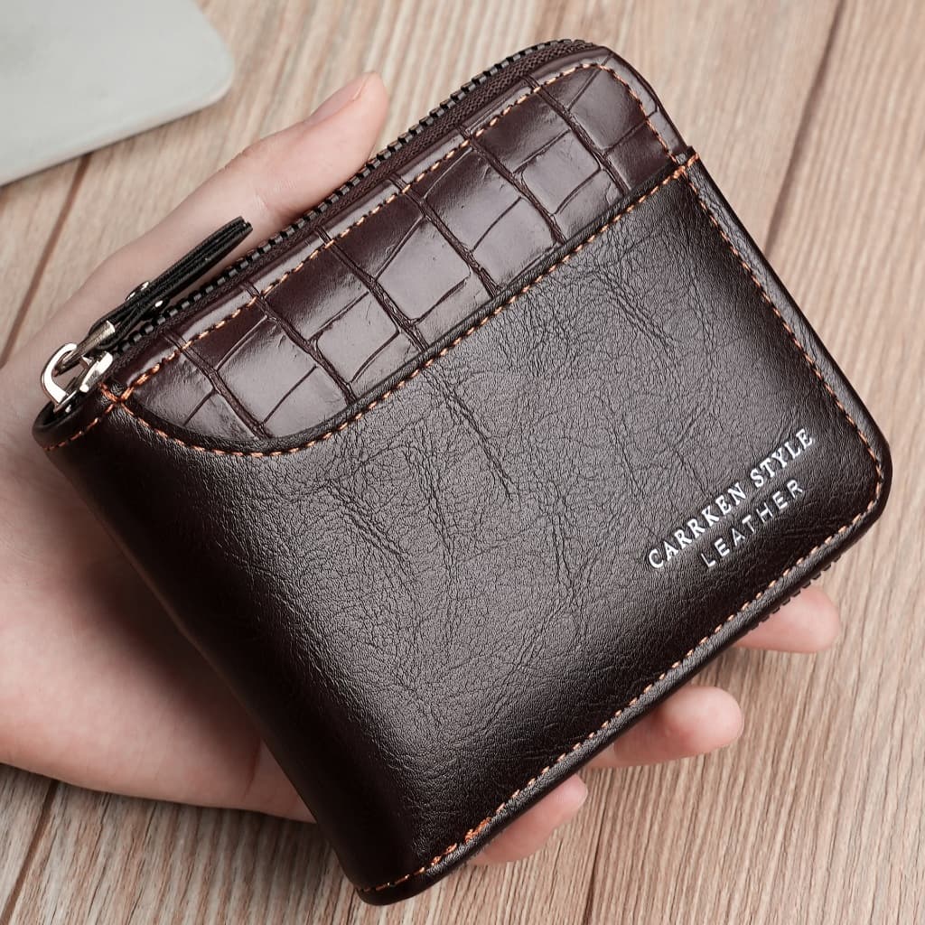 Carteira Curta Masculina Com Padrão De Pedra-Bolso Para Moedas Zíper Vários Cartões E Bordas Costuradas--BT