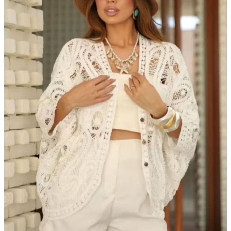 Cardigã Kimono De Renda Com Bordado Único