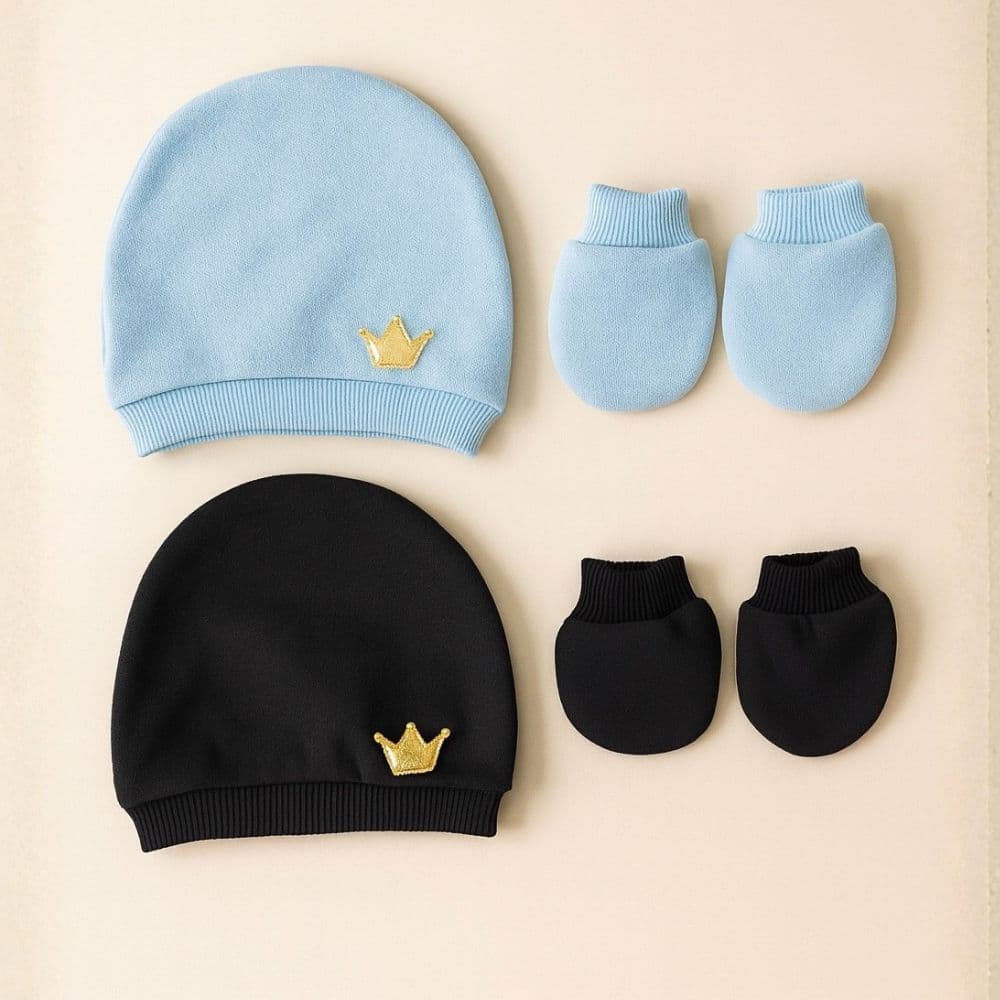 Kit com 2 Toucas e Luvas Para Recém Nascido Usar na Maternidade em Algodão Enxoval Menino