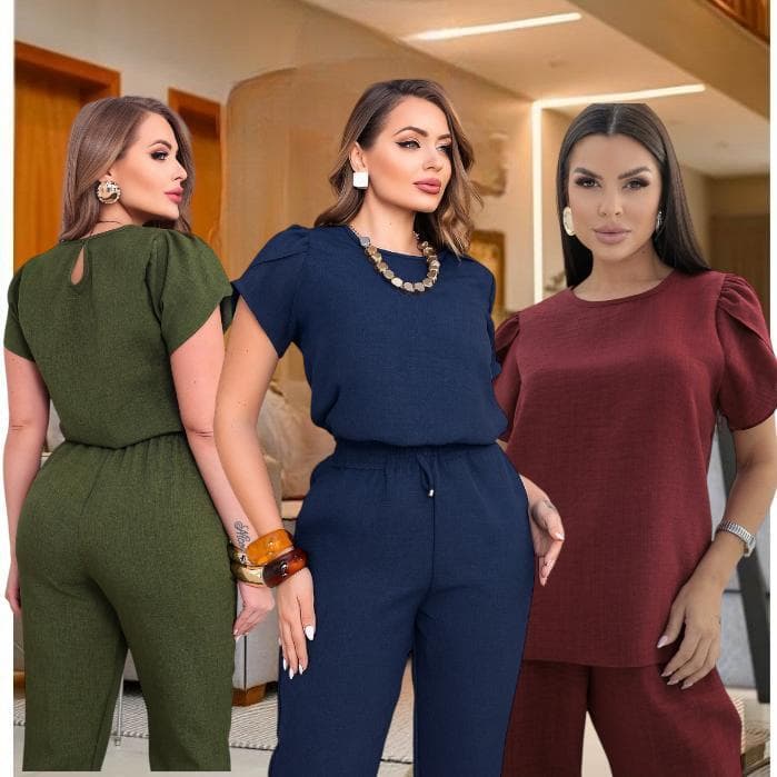 Conjunto  Feminino Casual Sofisticado Blusa e Calça  em Linho roupa feminina Festa Uniforme