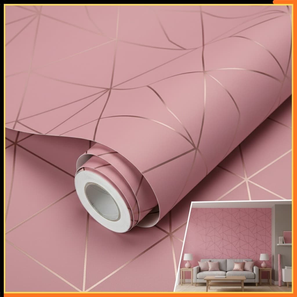 Adesivo Premium de Parede 5Metros x 45cm Lavável Zara Rosa Rose Gold linhas amareladas Quarto Sala Autocolante