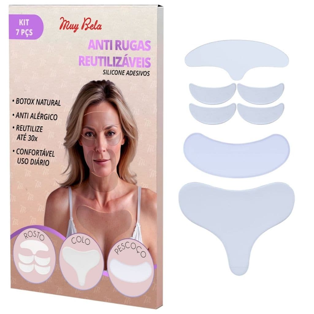 Kit 7 Adesivos Anti Rugas Muy Bela | Rosto, Pescoço, Colo e Peito | Silicone Reutilizável | Skin Care Lifting Natural