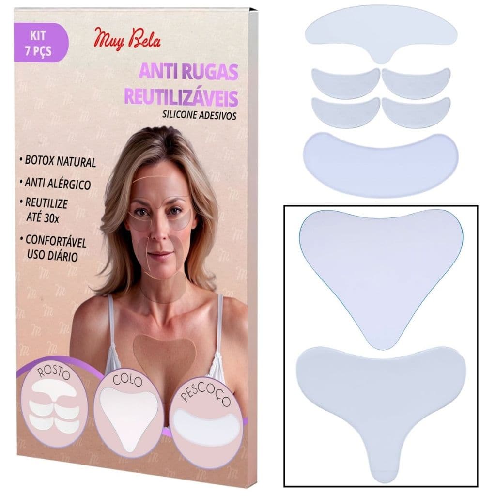 Kit Adesivos Anti Rugas Muy Bela – Skin Care Botox Natural de Silicone | Rosto e Colo Peito  (7 Peças Reutilizáveis)