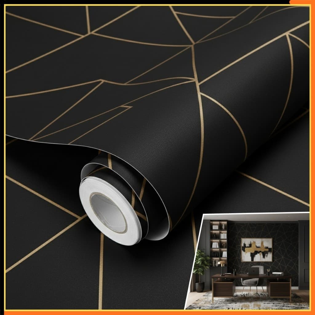 Papel de parede Zara Preto e Dourado Geometrico Moderno 5 Metros x 45cm Triangulo Sala, Quarto