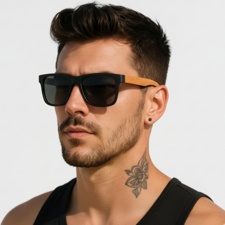 Óculos de Sol com Haste de Madeira - Lente Preta – Lentes UV, Estilo Moderno e Leve