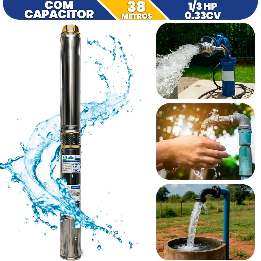 Bomba Submersa Caneta Poço Artesiano 0.33CV Mono 2F 220V 1/3HP 3" Cacimba Moto Bomba Irrigação