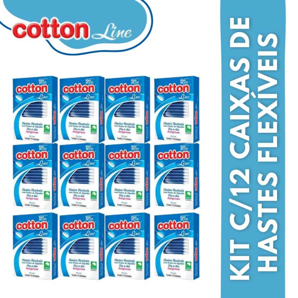 Kit 900 Unidades Hastes Flexíveis Cotton Line 12 CAIXAS C/ 75 Cotonetes  Pontas de Algodão Antigerme