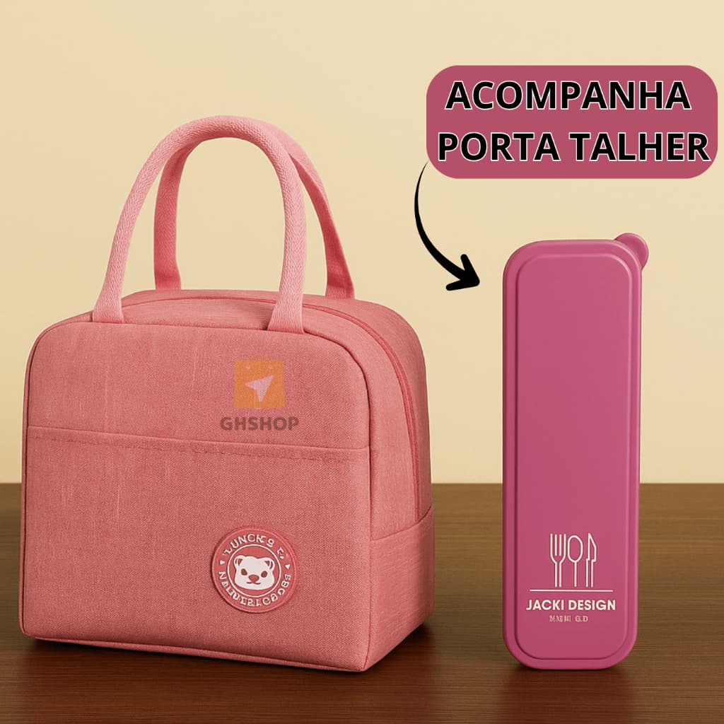 Kit Bolsa Térmica Com Alça Para Marmita Lancheira Viagem + Porta Estojo Talher Feminina Masculina