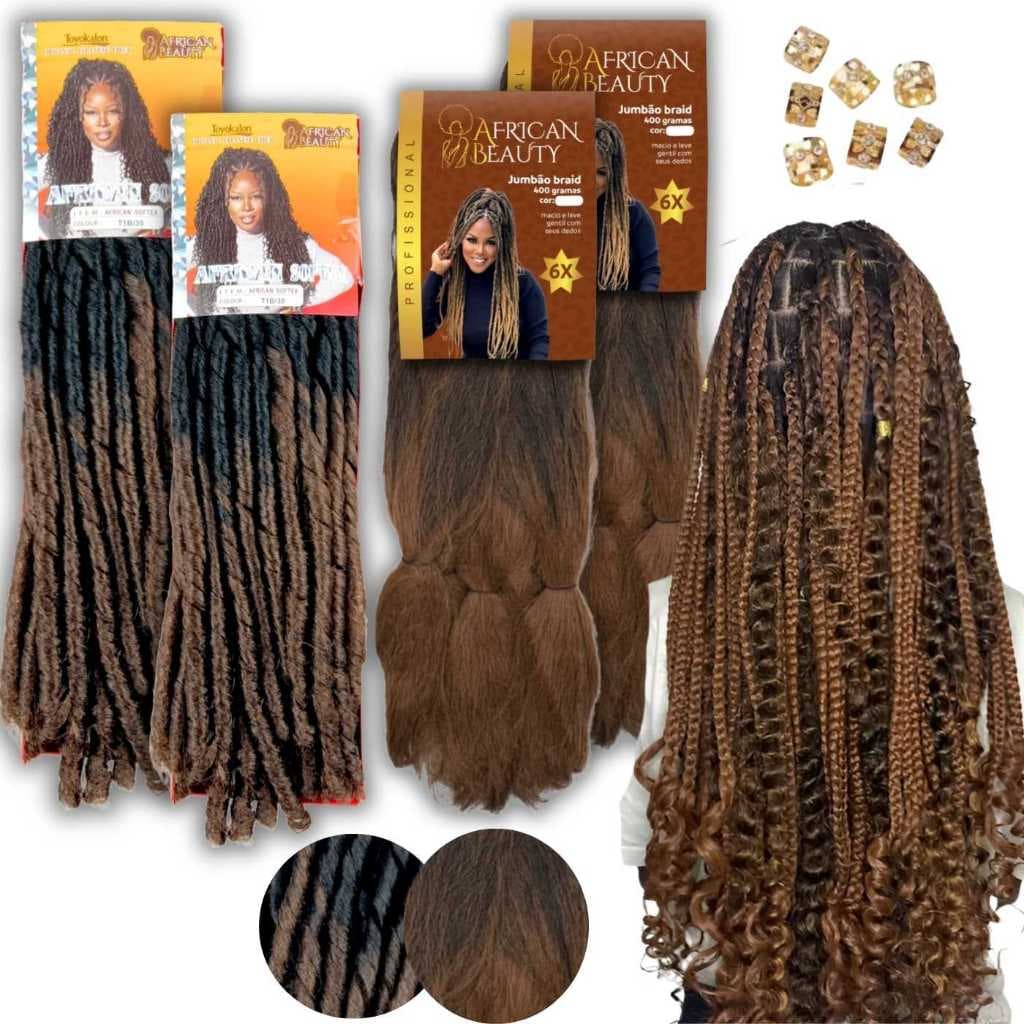 Kit Gypsy 2 Cabelo Jumbo + 2 Nina Softex + African Beauty + Aneis de Brinde