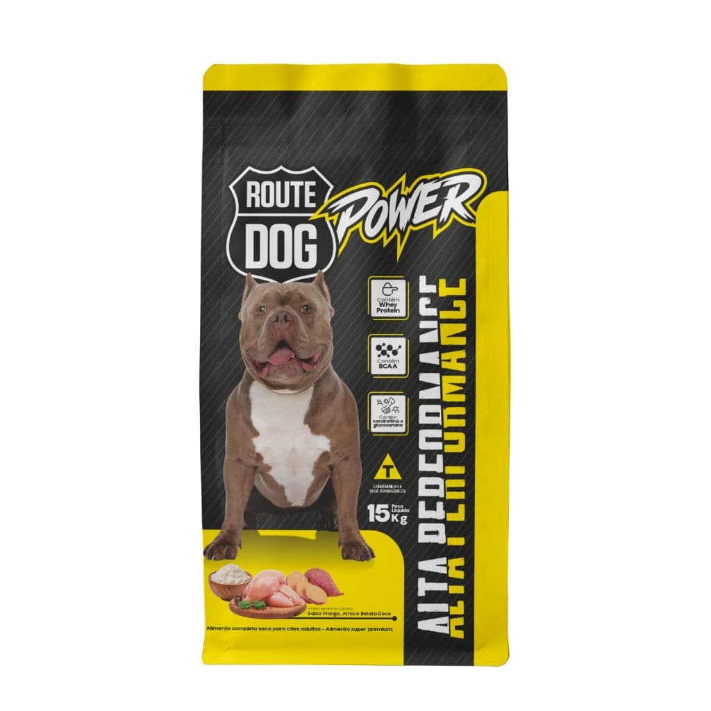 Ração Route Dog Power Frango e Batata Doce Adulto 15kg – 28% Proteína Animal, Whey, BCAA