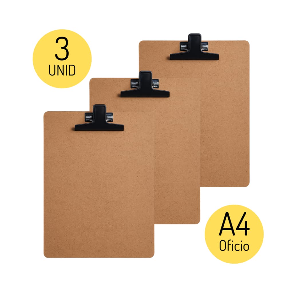 Prancheta A4 De Madeira MDF Com Prendedor De Metal Kit C/ 3 - Garra Preta