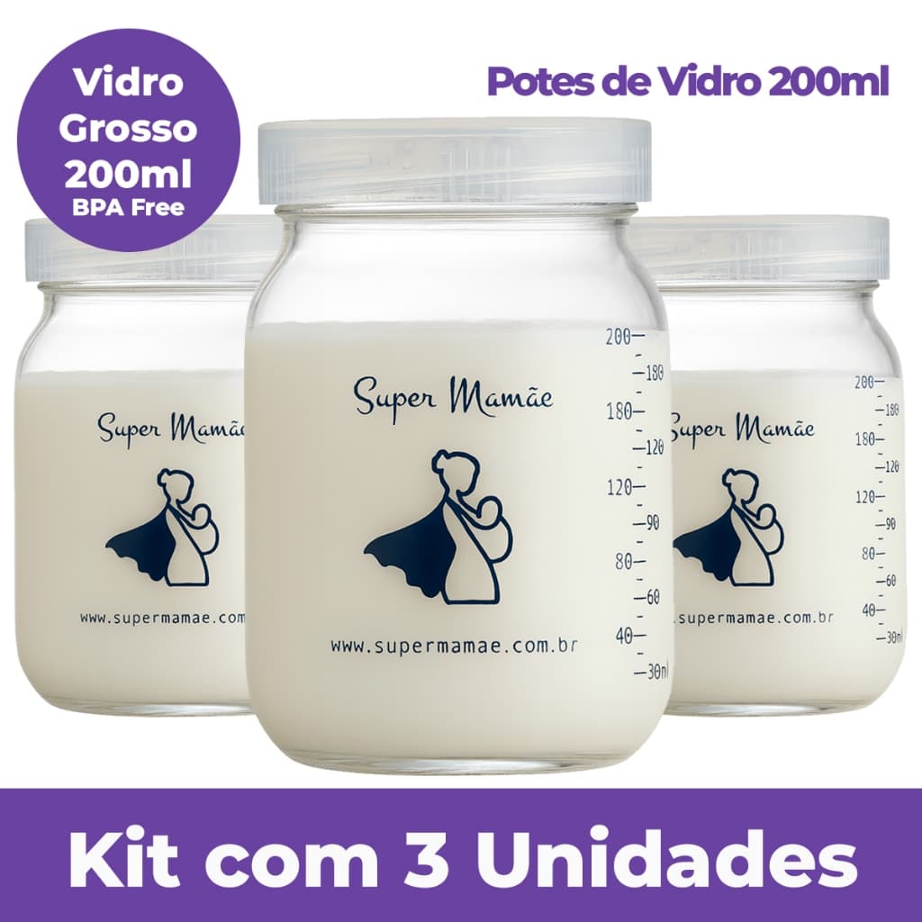 Kit 3 Potes de Vidro 200ml para Leite Materno – BPA Free e Graduação