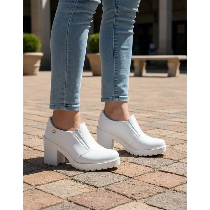 Sapato Branco Feminino Oxford Confortável Salto Grosso Antiderrapante ClasseK