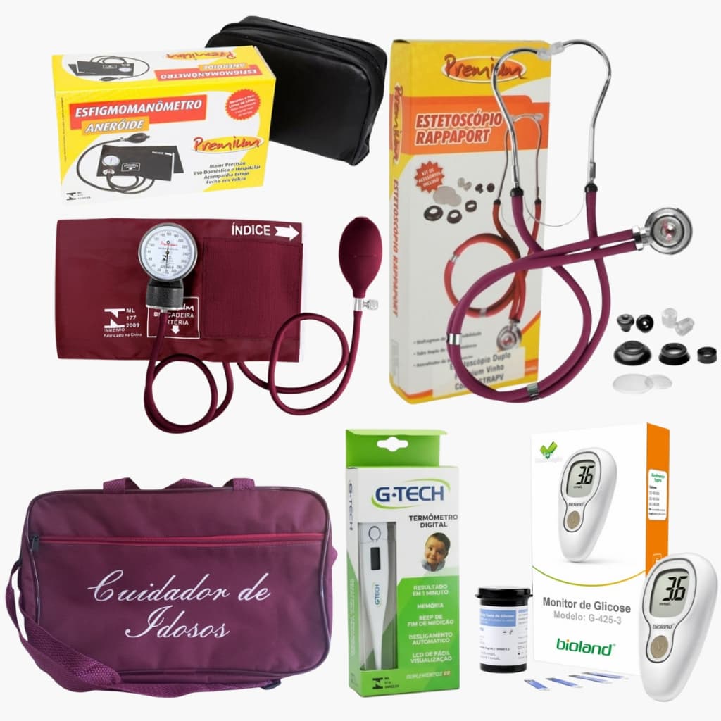 KIT CUIDADOR DE IDOSOS COM MEDIDOR DE PRESSÃO, ESTETOSCÓPIO DUPLO E MEDIDOR DE GLICOSE INCLUSOS