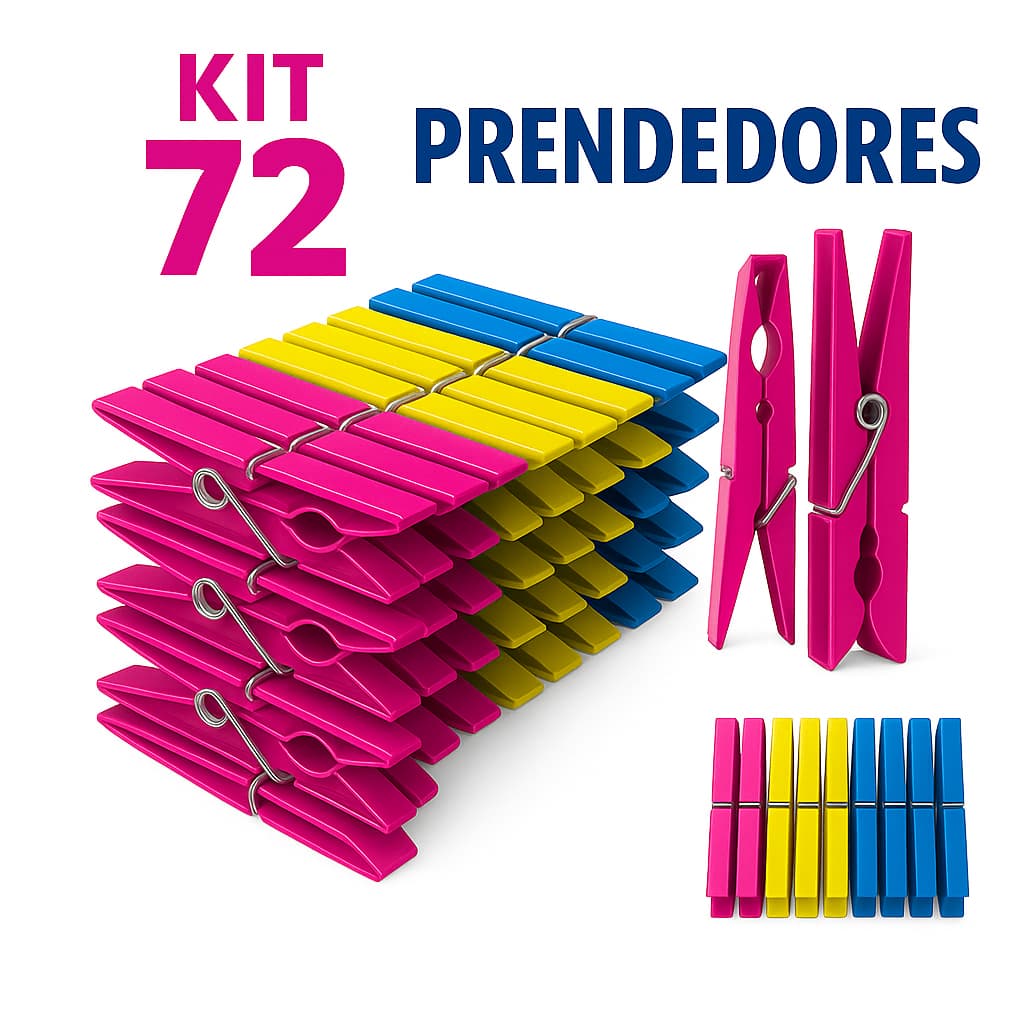 Kit 72/ 60 / 48 / 36 / 24 / 12 Prendedores Pregadores de Roupa em Plástico Reforçado - Cores Sortida