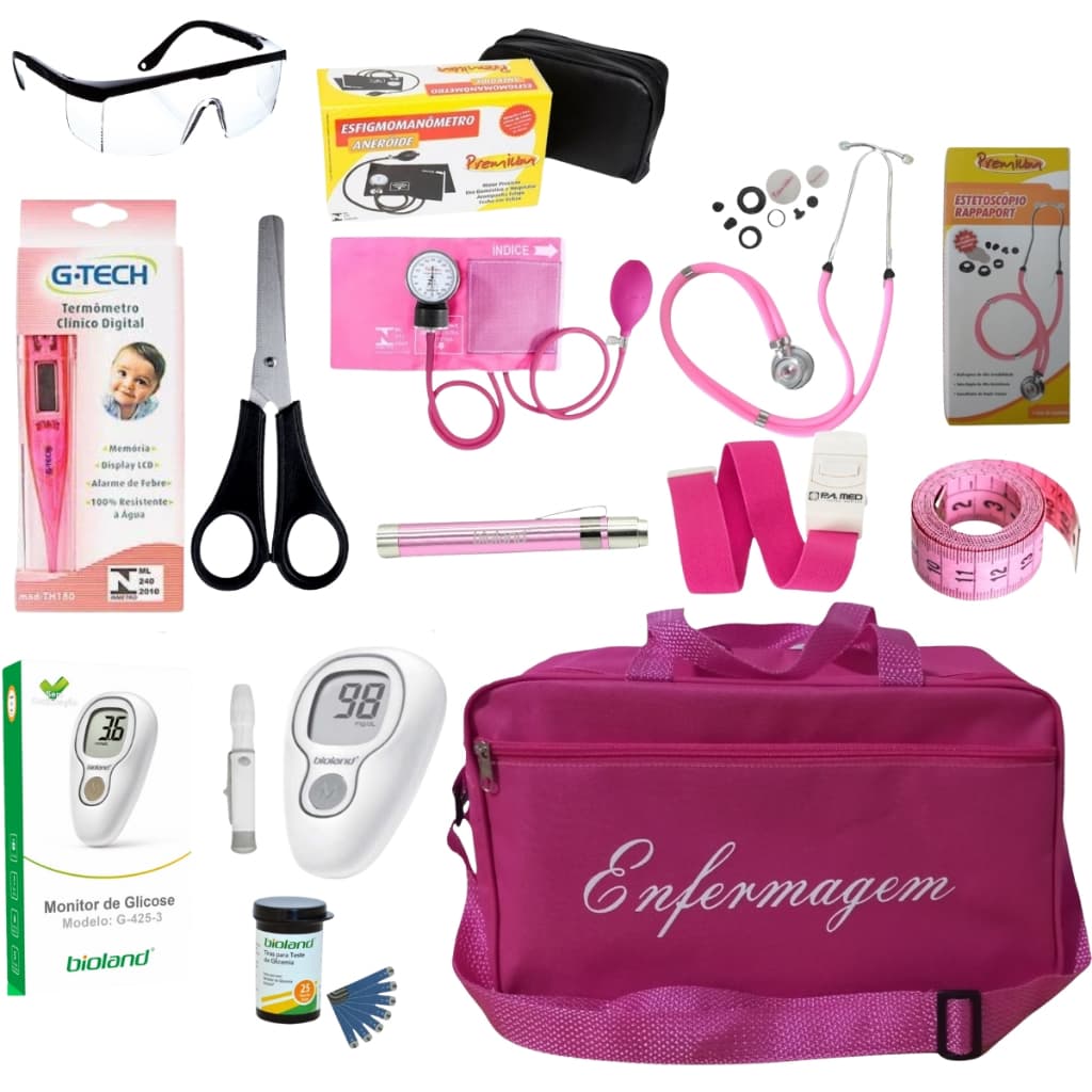 KIT ENFERMAGEM ROSA COM GLICOSSÍMETRO MEDIDOR DE PRESSÃO E ESTETOSCÓPIO