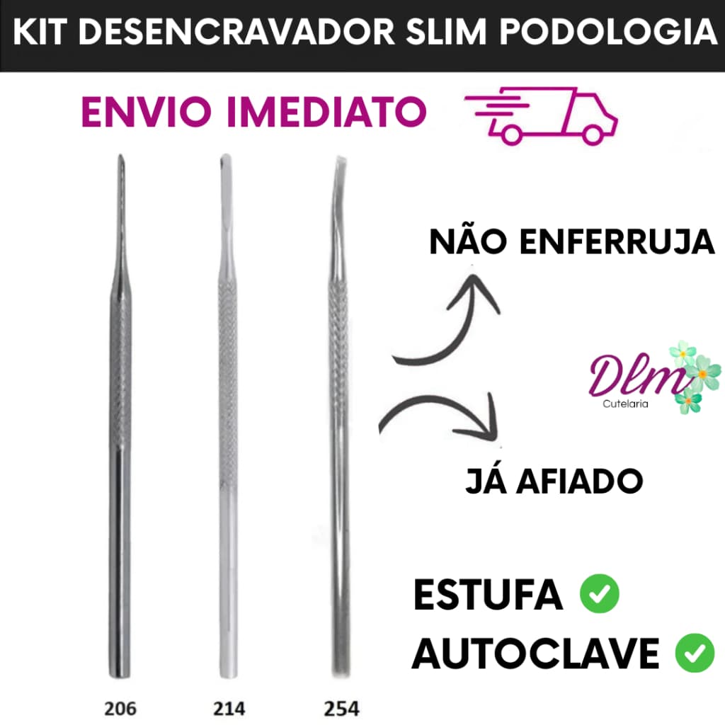 Kit Espátula Desencravador Podologia Slim  - 3 Peças N206, N214 e Formão N254 Manicure Pedicure Cutelaria