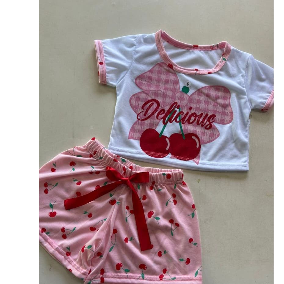 Pijama Feminino Infantil Cereja Roupa de Dormir Short Dool Verão Corpped Menina  Laçinho Baby Dool