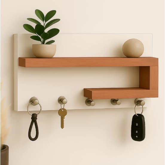 Porta Chaves Organizador com Prateleira decorativa – Design Moderno em MDF | Branco + Peroba Rosa
