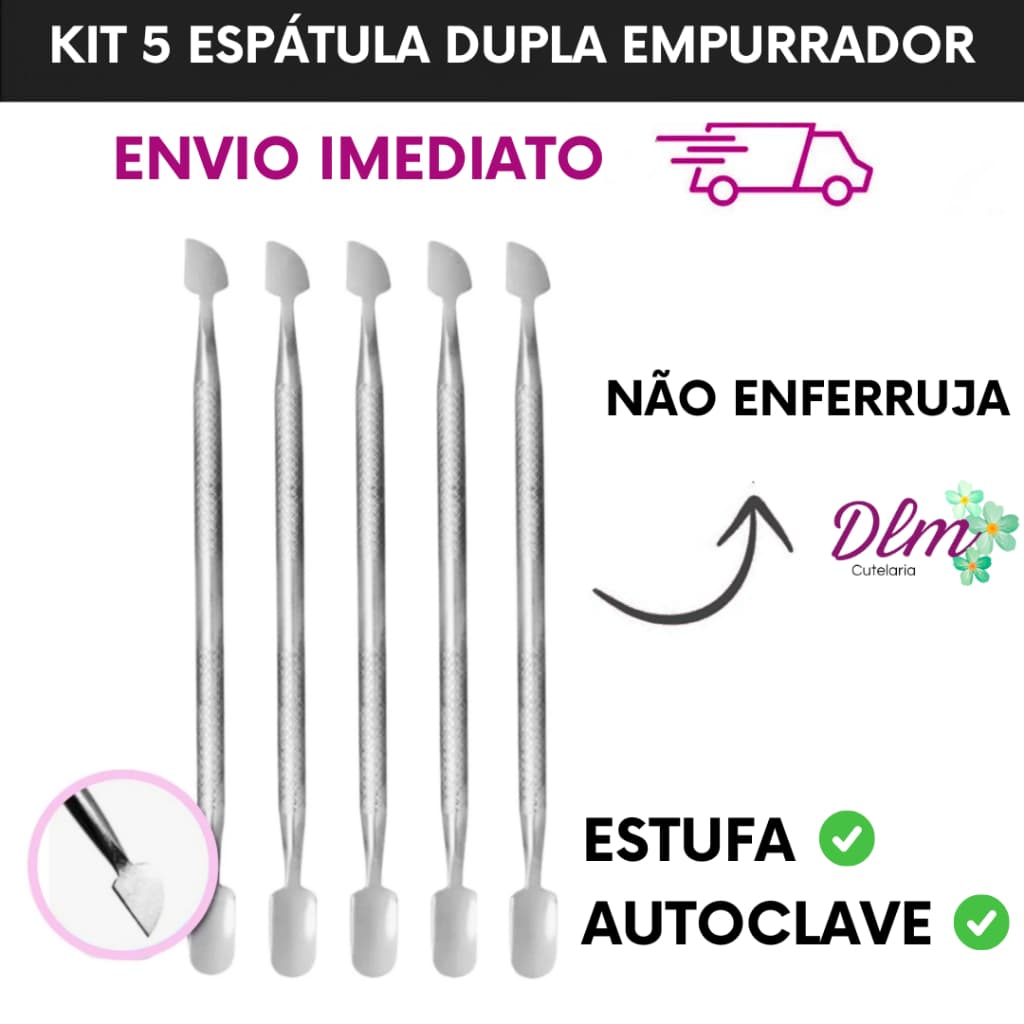 Kit 5 Espátula Dupla Empurrador Inox Profissional Manicure e Pedicuro Slim
