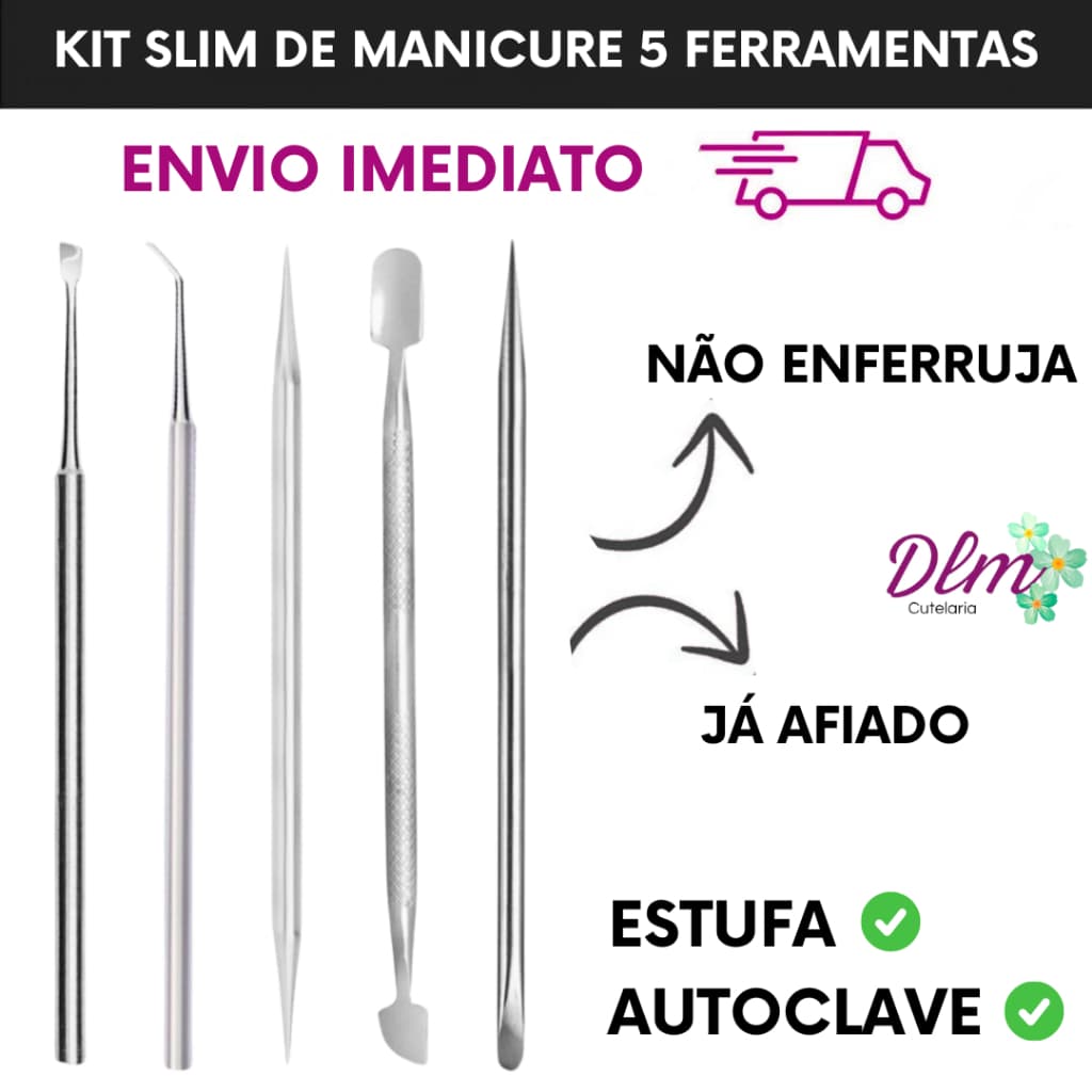 Kit Manicure Profissional 5 Itens Slim - Espátulas Palitos -  Aço Inox -  Pedicure e Podologia