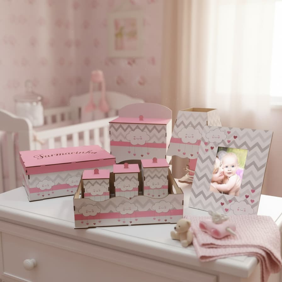 Kit Higiene Bebe Decorativo Personalizado Nuvem Rosa Maternidade Com Fiação Organizador