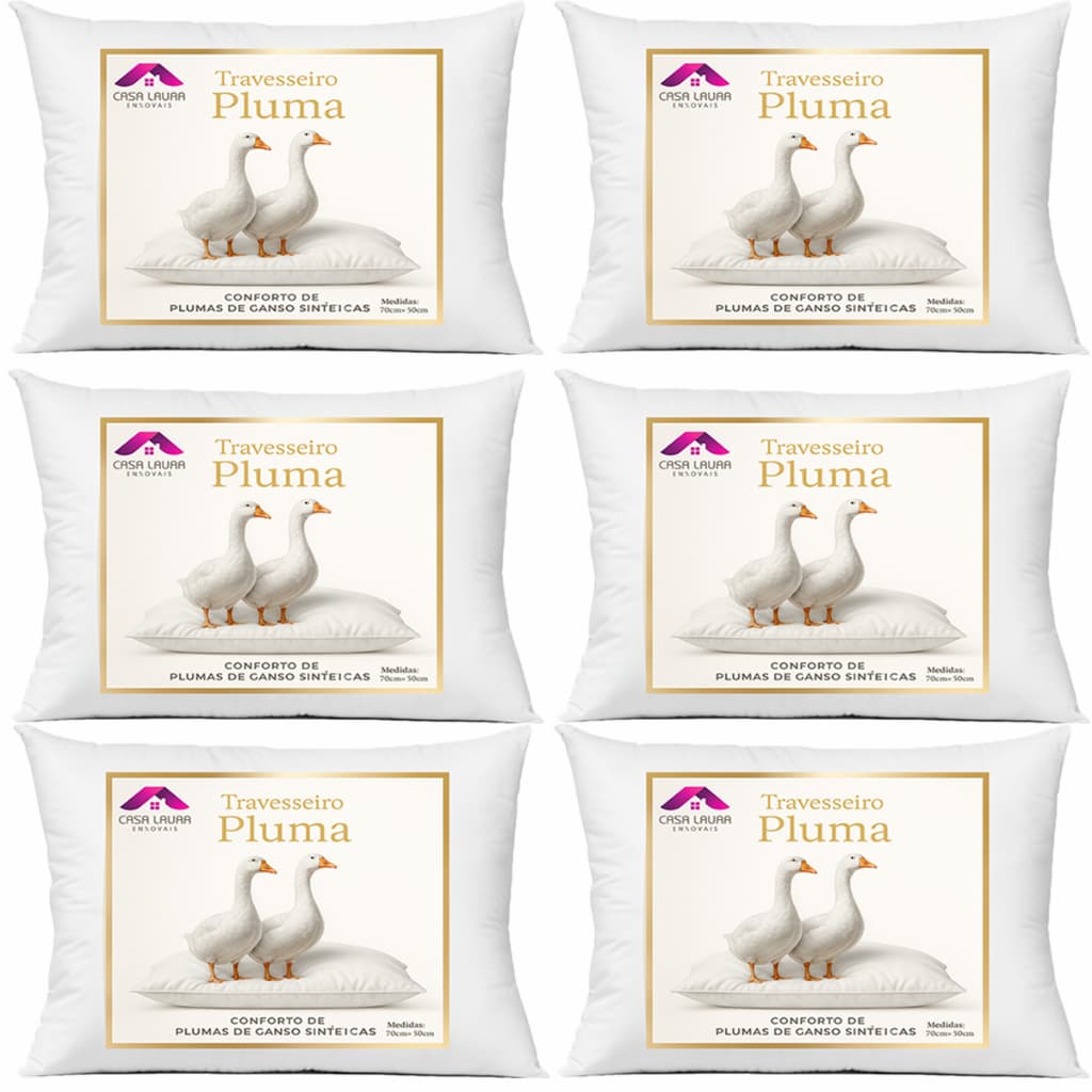 Kit 6 Travesseiro Pluma de Ganso Descanso Antiacaro 70x50cm Luxo Sintético