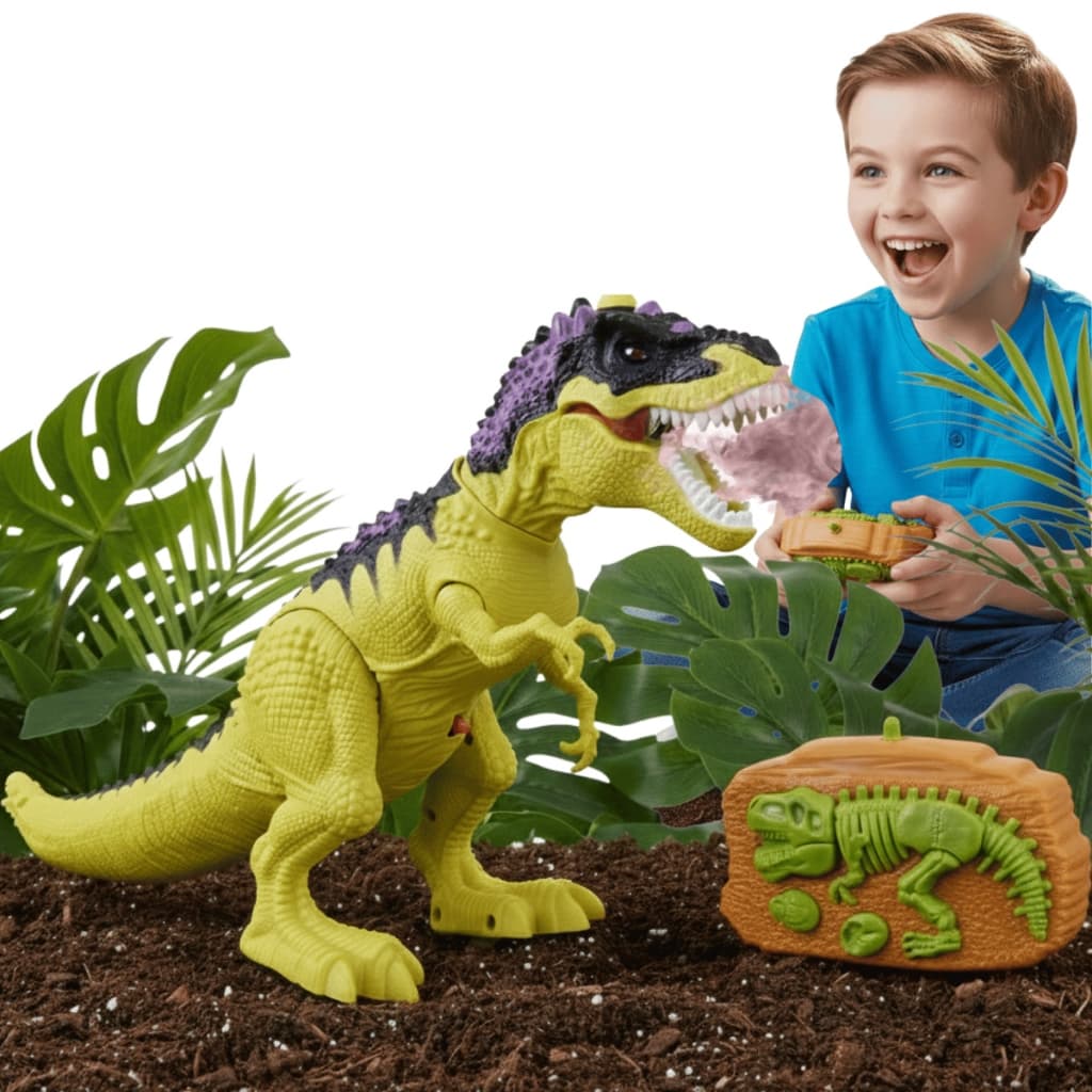 Dinossauro Rex Controle Remoto Anda Solta Fumaça Luz E Som Brinquedo Realista Interativo Kizumba