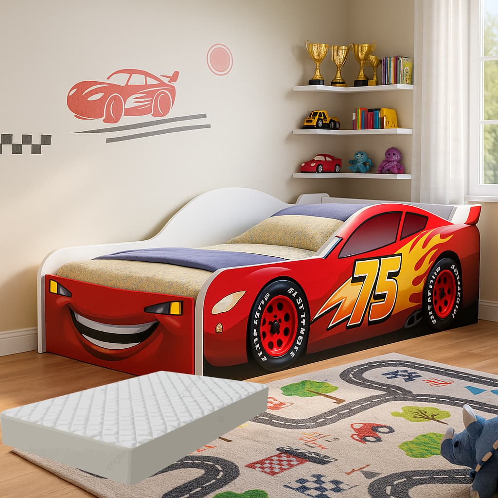 Cama Carro Infantil McQueen com Colchão Para Quarto Juvenil Feito em MDF Resistente