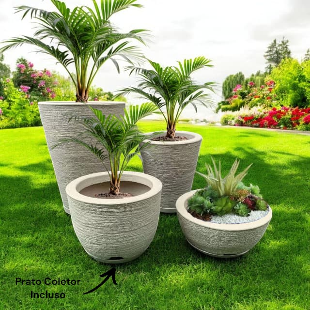 Kit 4 Vasos para Planta Flor Casa Jardim polietileno Texturizado Coluna Redonda N1 N2 + Bojo N1 + Bacia N1prato coletor