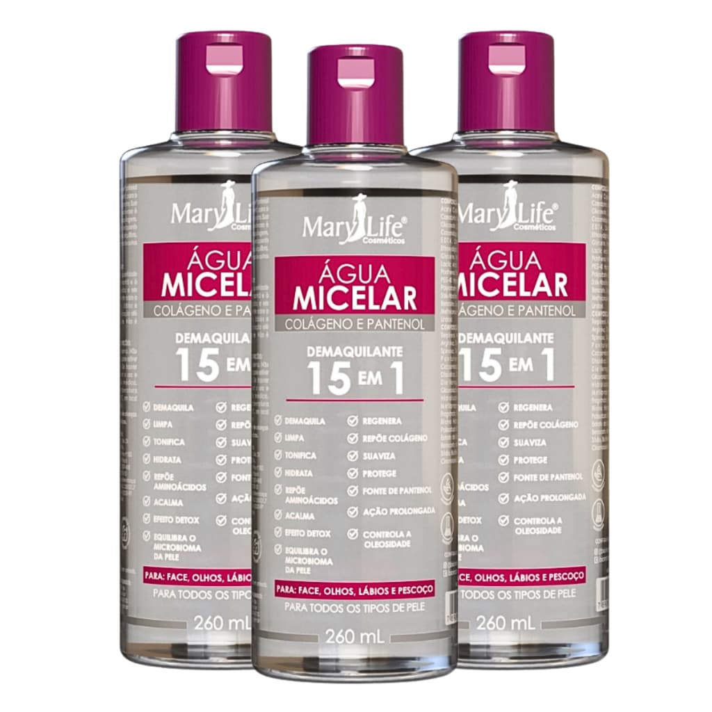 ÁGUA MICELAR 15 EM 1 – COLÁGENO E PANTENOL (DEMAQUILANTE SKIN CARE)