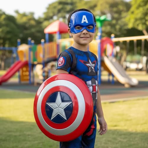 Fantasia Roupa Infantil Capitão América Com Escudo e Mascara De Plastico + Brinde