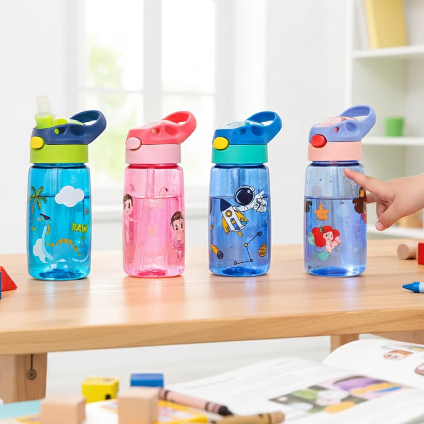 Garrafa Infantil Squeeze com Canudo Flip Pop-Up Garrafinha Diversas Estampas Garrafa Escolar